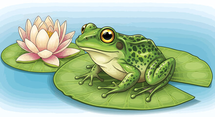 Charming cartoon illustration of a green frog sitting on a lily pad near a water lily