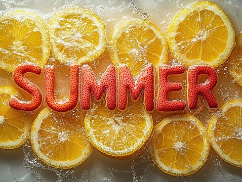 "SUMMER" typography made from sliced citrus fruits with fresh juice splashes, dynamic composition - Powered by Adobe