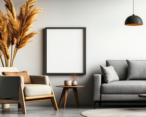 Modern Living Room with Cozy Furniture, Decorative Plants, and Empty Picture Frame on Wall Design