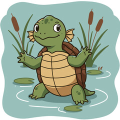 Fototapeta premium Cute cartoon turtle happily swimming in a pond with cattails and lily pads
