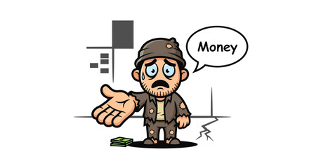 Desperate cartoon homeless man asking for money with a speech bubble and tears