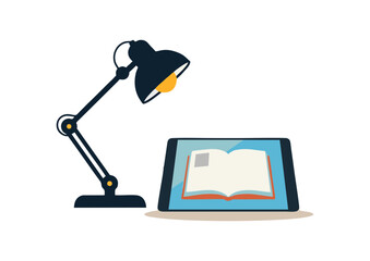 Desk lamp illuminating tablet with an open book, representing online evening school, concept  
