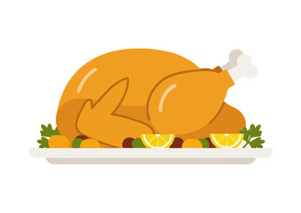 Roasted turkey on a serving platter garnished with lemon and herbs, concept  