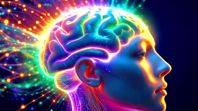The brain's bright neural connections are shown. Red neural pathways light up and pulsate with energy as neural connections located at the base of the brain dynamically move and shift.