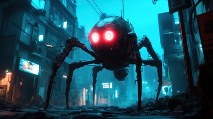 Robot spider in a post apocalyptic city