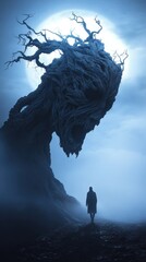 Mysterious figure confronts monstrous tree under a full moon