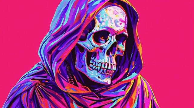 An Artwork Featuring a Colorful Skull Design Depicted in a Hooded Cloak Representation.