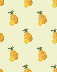 Pineapple and Slice Seamless Pattern on Soft Yellow Background – Summer Tropical Fruit Design for Fabric and Packaging