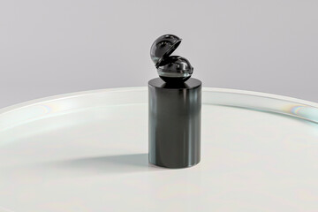 black cosmetic plastic bottle with ball shape flip cap mockup, luxury cylindrical shampoo packaging with spherical flip cap, liquid soap squeeze bottle container, flat shoulder tall skincare bottle © Salihah.K