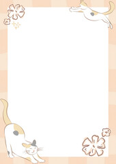 A cute drawing shows two cartoon cats with flowers on a light peach background with a checkered design. In the middle, there is a big white rectangle that looks like a frame or border.