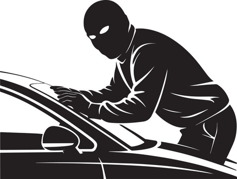Vector illustration of a thief in a balaclava breaking into a car, a symbol of auto theft and crime.