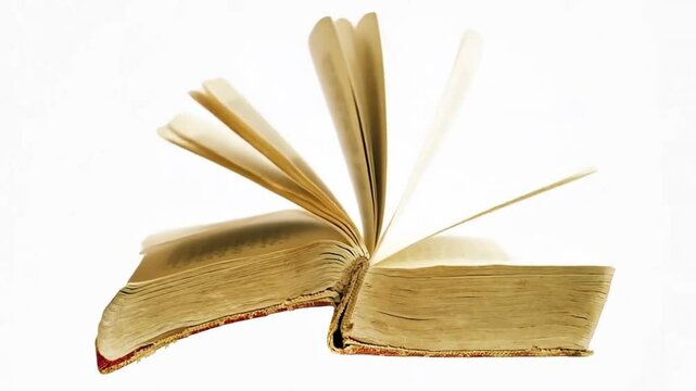 Timeless wisdom unfurls as an antique book's pages turn. Seamless motion, white background, sparse