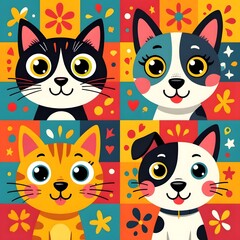 Fototapeta premium A vibrant collage of playful, cartoonish animal faces, featuring a variety of cats and dogs
