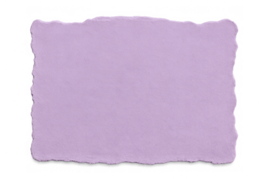 Purple torn paper rectangle, transparent background, providing textured graphic design element with raw, handmade visual texture