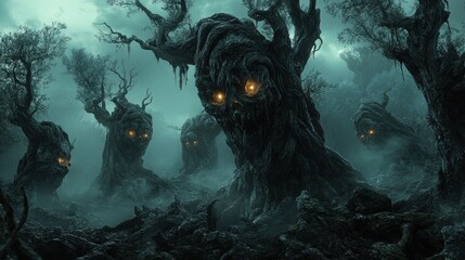 Glowing eyes trees in dark forest