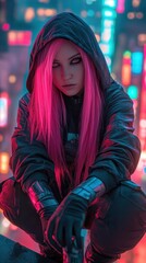 Young woman with pink hair in urban night scene