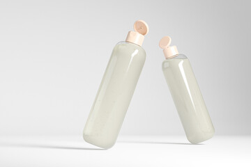 cylindrical cosmetic bottle with wooden flip cap mockup, clear PET plastic shampoo packaging, liquid soap flip cap container, rounded skincare squeeze bottle, organic personal care product concept