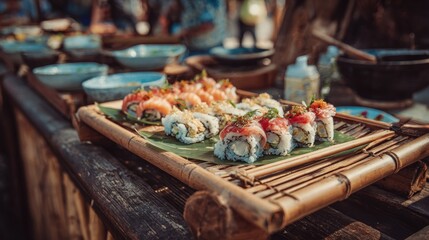 Assorted Sushi Rolls on Bamboo Tray at Outdoor Market with Bowls and Wooden Surface