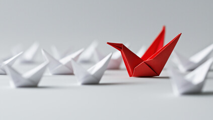 Red origami bird among a group of white paper birds on a light background, symbolizing individuality and leadership
