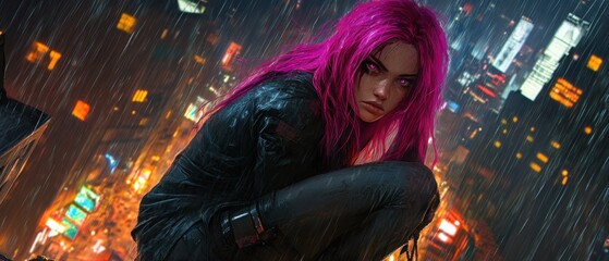 Woman in pink hair cyberpunk city rain