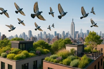 Pigeons are flying over sustainable green rooftops in New York City
