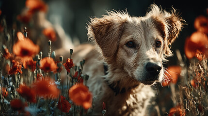Golden Retriever Playing with Toy in Flower Field Red Blue Velvet Flowers Sunny Day Professional Photography
