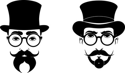 Gentleman Silhouette Vector Art, Vintage Gentleman Icon, Classic Hat and Mustache Vector, Retro Man Silhouette Design, Minimalist Gentleman Face Art, Top Hat and Mustache Vector, Vintage Style Man Ico