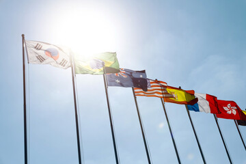 Flags of different countries in the sky
