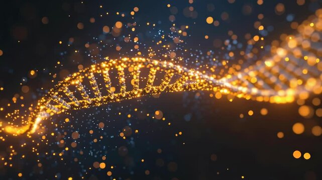 dna strand glowing golden particles biotechnology background