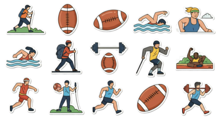 Collection of cartoon style stickers depicting various sports and fitness activities on black background
