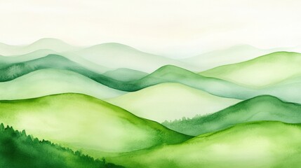 Obraz premium Soft watercolor painting of rolling green hills with layered mountain ranges fading into the misty background.