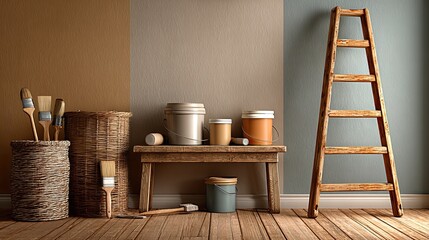 Room renovation construction ladder with paint tools in modern interior, home improvement project concept for ads