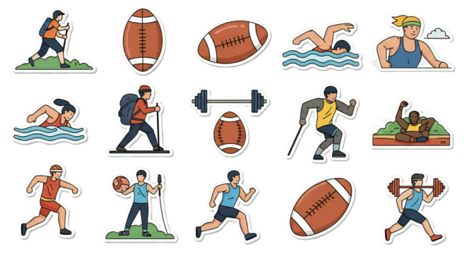 Collection of cartoon style stickers depicting various sports and fitness activities on black background