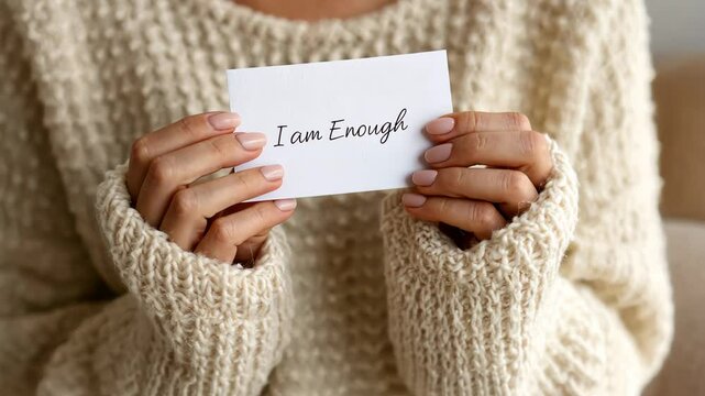 Hands holding "i am enough" card: empowerment and selfaffirmation sequence