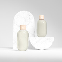 cylindrical cosmetic bottle with wooden flip cap mockup, clear PET plastic shampoo packaging, small liquid soap container, short rounded skincare squeeze bottle, organic personal care product concept