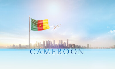 Cameroon national flag waving with skyline and buildings. A beautiful view of flag with skyline.