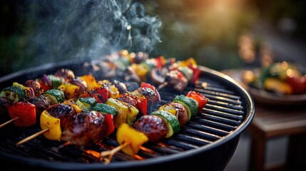 Colorful Vegetable Skewers Cooking on Grill Outdoors Warm Sunset Light
