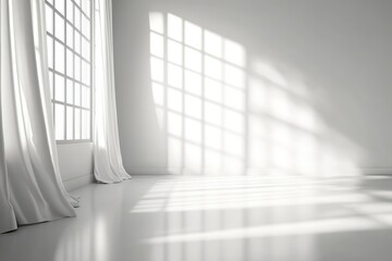 Obraz premium Bright, empty white room with large grid windows casting soft light and shadows on the floor, framed by flowing white curtains.