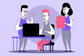 Three individuals engaged in discussion around desk. One person seated at laptop while others sharing ideas and taking notes, creating collaborative work environment