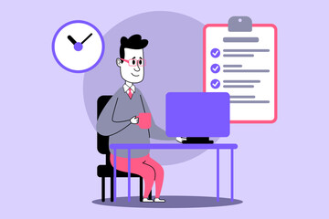 Person sitting at desk with computer, holding cup with checklist and clock on wall. Time management and productivity in work environment concept