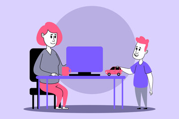 Child showcasing small toy car to his parent, seated at desk with computer. Family interaction concept