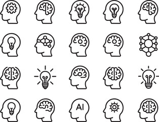 The Power of Thought: A collection of line art icons representing the human mind, ideas, and innovation. The icons showcase brain, lightbulb, and gear.
