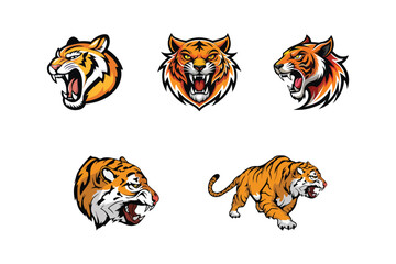 Cartoon Style Tiger Head Mascot Collection, Animal with Angry Face, Suitable for Team Logo, Emblem
