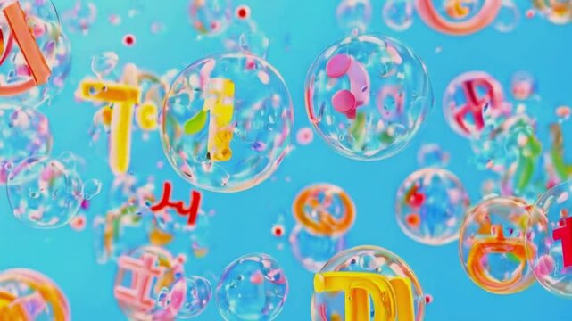 Colorful transparent bubbles floating with letters inside on a blue background, creating a playful and cheerful atmosphere.