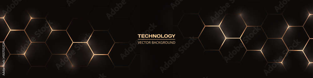 Poster black and gold hexagonal technology abstract wide banner with honeycombs. vector illustration dark m