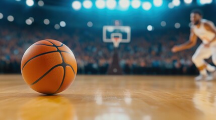 A basketball sits on a polished court with players and a hoop blurred in the background under bright arena lights.