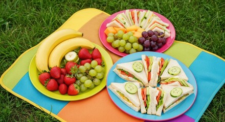 Colorful Picnic Food with Sandwiches Fruit and Vegetables on Picnic Mat Outdoor