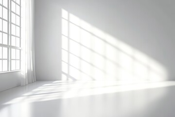 Obraz premium Sunlight streams through a large, grid-patterned window, casting bright shadows on the clean white floor and wall of an empty room.