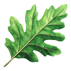 Vibrant green oak leaf with intricate veins and tiny water droplets, showcasing freshness and natural beauty, isolated on transparency background