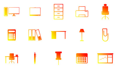 Office Equipment Icon Set, Flat Office Icons, Workplace Equipment Vectors, Stationery and Office Furniture Symbols